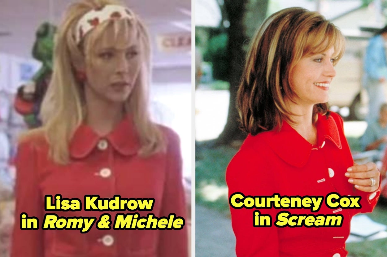 Lisa Kudrow and Romy and Michele and Courteney Cox in Scream, both wearing the same jacket with big buttons and a peter pan collar