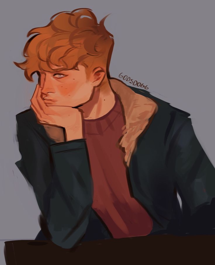 Ilustración de un joven con cabello ondulado sosteniendo su cabeza con una mano, vistiendo chaqueta con cuello de pelo y suéter. Mirada introspectiva