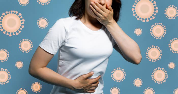 Person covering their mouth and holding their stomach, with virus-like patterns in the background, suggesting foodborne illness