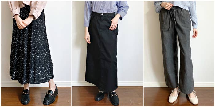 3人の女性が異なるスタイルのスカートとパンツを着用し、シンプルでエレガントなファッションを強調しています。