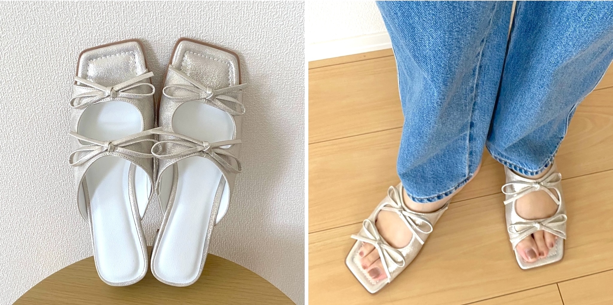 Two images of square-toed sandals with bows. Left: sandals on a surface. Right: sandals worn with jeans, showing a top-down view of feet