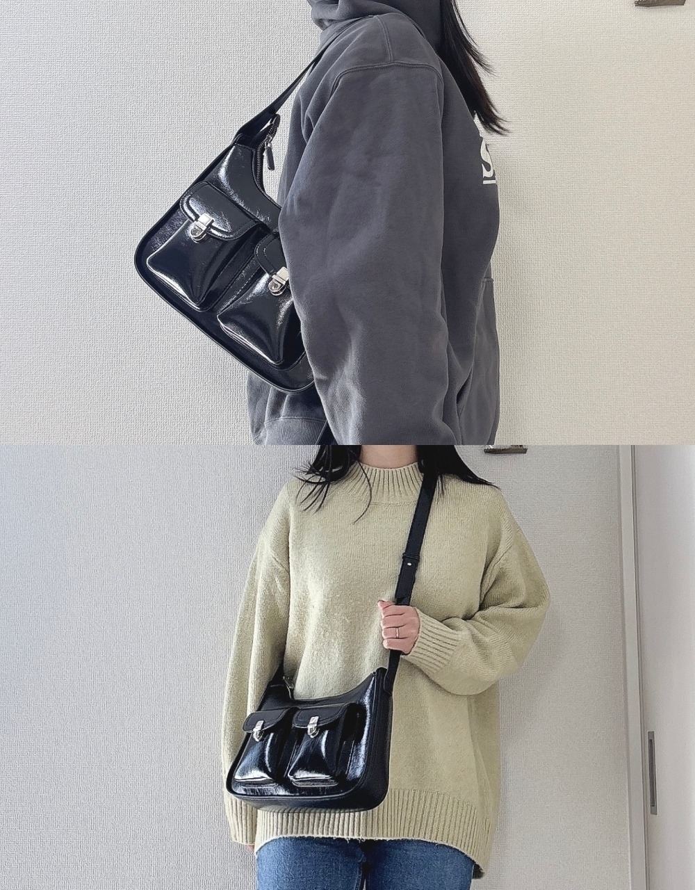 女性が異なるスタイルで黒のバッグを肩にかけている。上はパーカー、下はセーターとジーンズ。