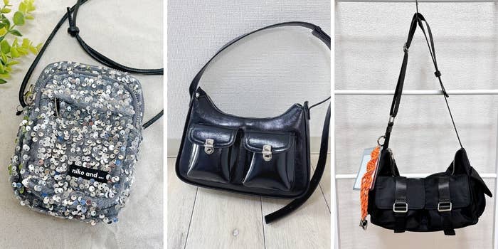 3つの異なるスタイルのショルダーバッグが並んでいる。左はスパンコール、中はレザー、右はバックル付きのデザイン。