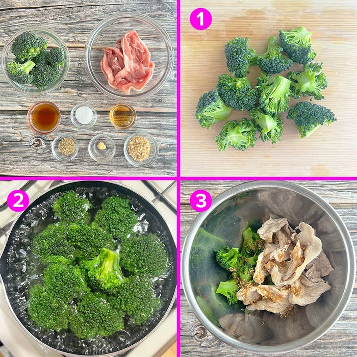 ボウルに分けたブロッコリーと肉、調味料。ブロッコリーを茹で、肉と混ぜる手順の調理過程。