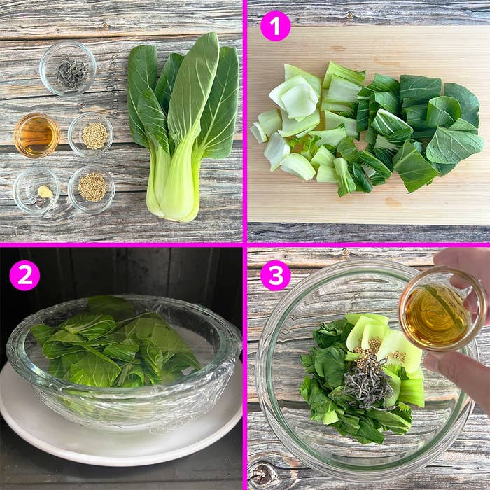 チンゲン菜を調理する手順:切る、蒸す、調味料を加える。