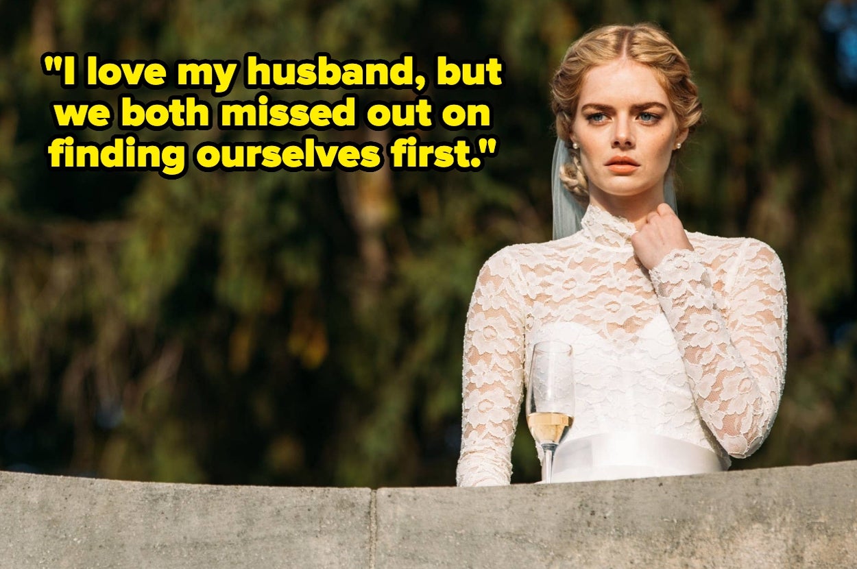 Samara Weaving in "Ready or Not." Text: "I love my husband, but we both missed out on finding ourselves first."