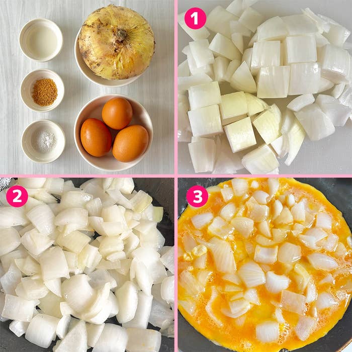 新玉ねぎと卵のオムレツを作る手順の画像コラージュ。刻んだ新玉ねぎと調味料、卵を混ぜて調理する様子。
