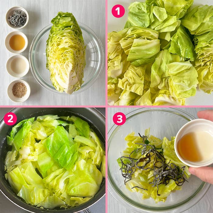 キャベツの調理手順を示す画像。カット、ゆで、ドレッシングと昆布の追加。