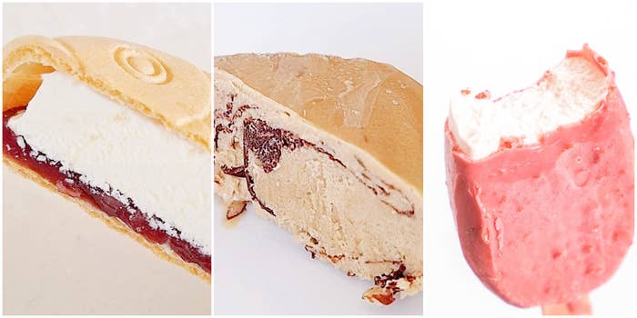 アイスクリーム3種類の画像:モナカアイス、チョコチップサンド、ピンクのアイスバー。