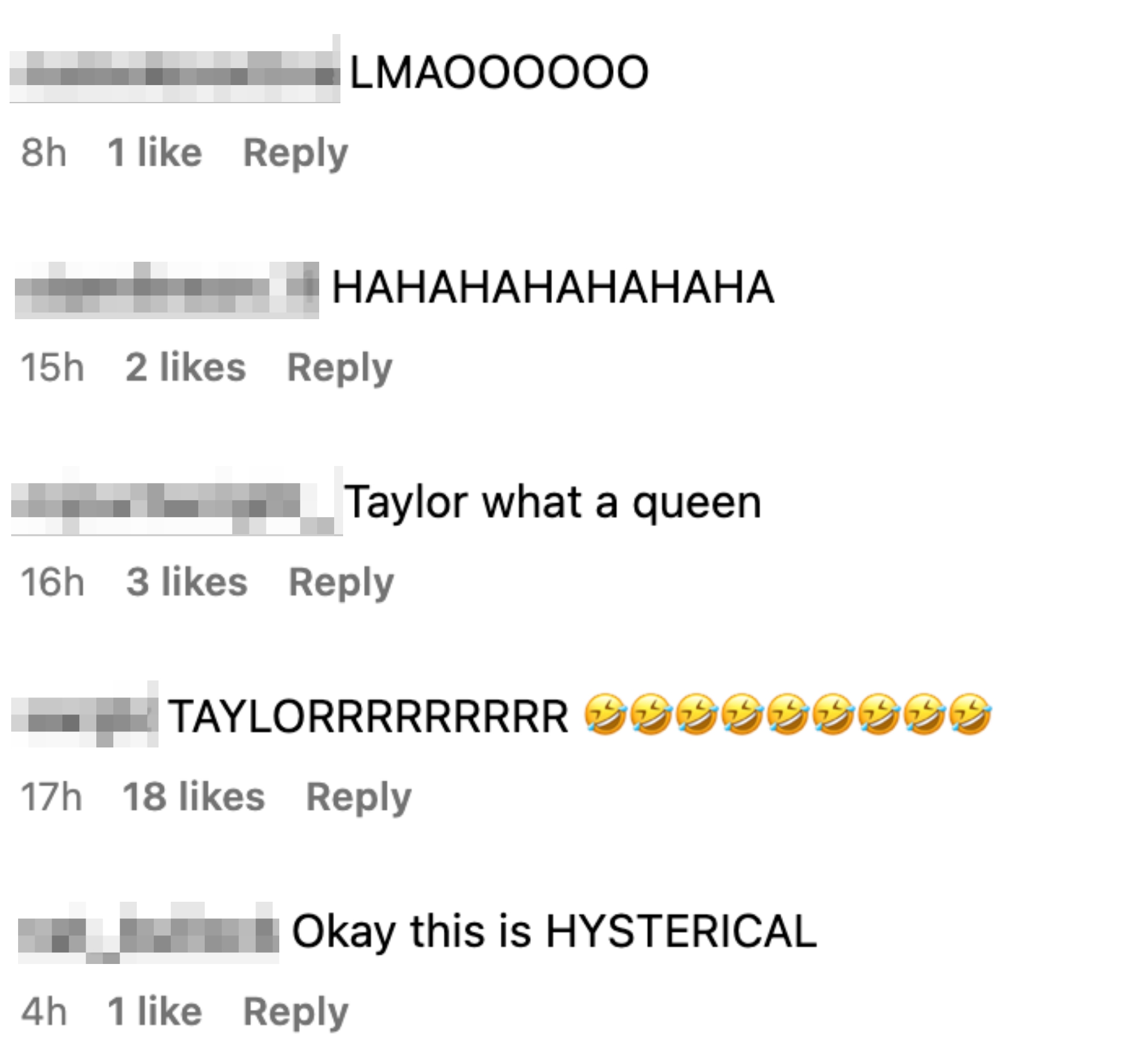 Social media comment section with users laughing and expressing admiration for Taylor