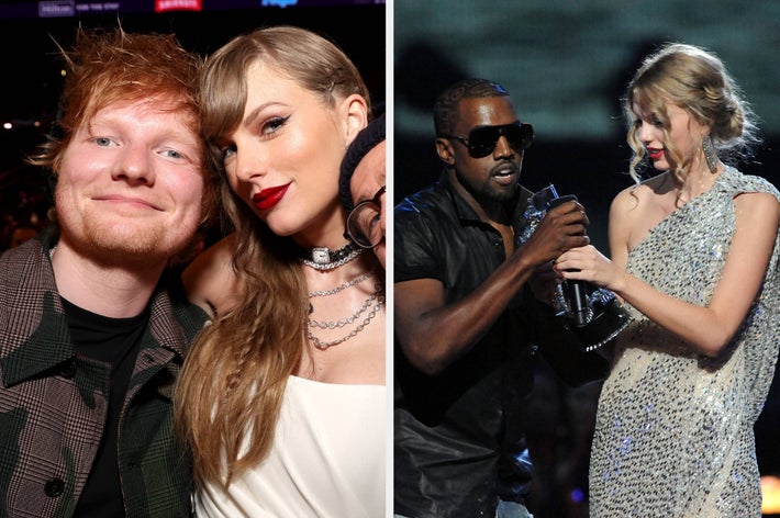 Left: Close-up of Ed Sheeran and Taylor Swift smiling at an event. Right: Kanye West on stage at the 2009 VMAs with a surprised-looking Taylor