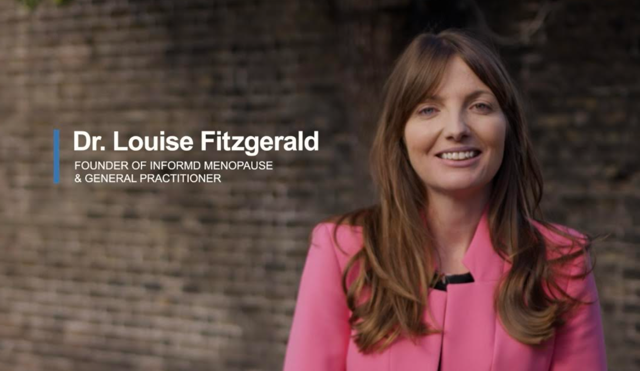 Smiling woman in professional attire outdoors, with text introducing her as Dr. Louise Fitzgerald, founder and general practitioner at Informed Menopause