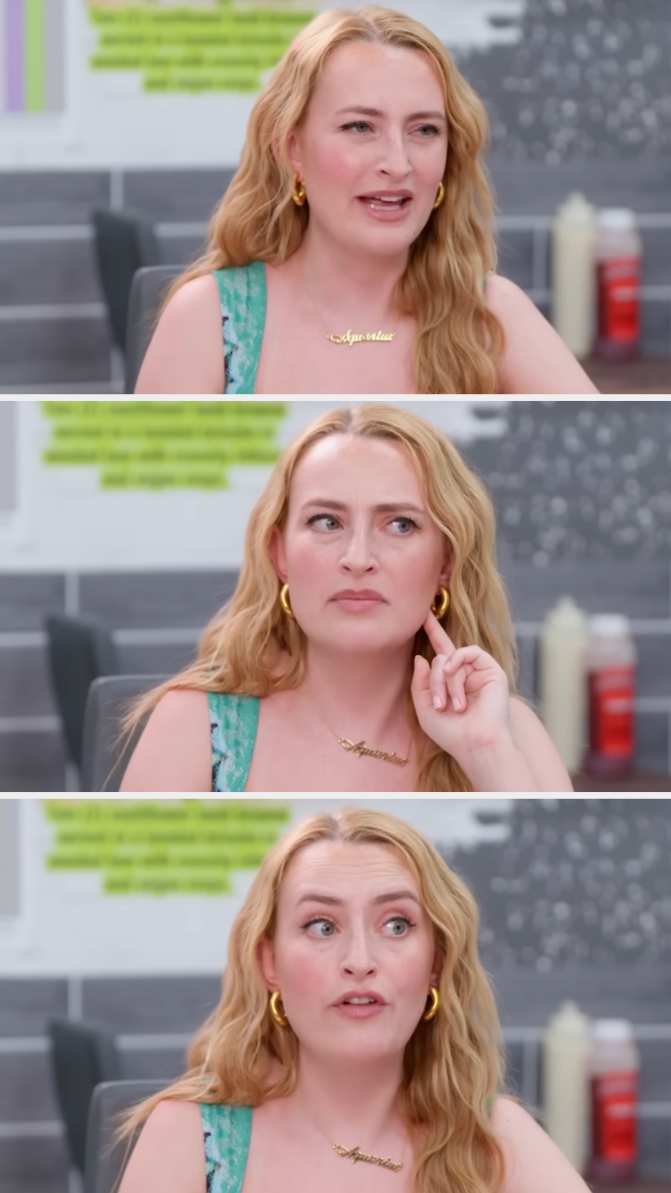 Three images show a woman with wavy hair discussing something. She wears a pendant necklace and earrings, with changing facial expressions