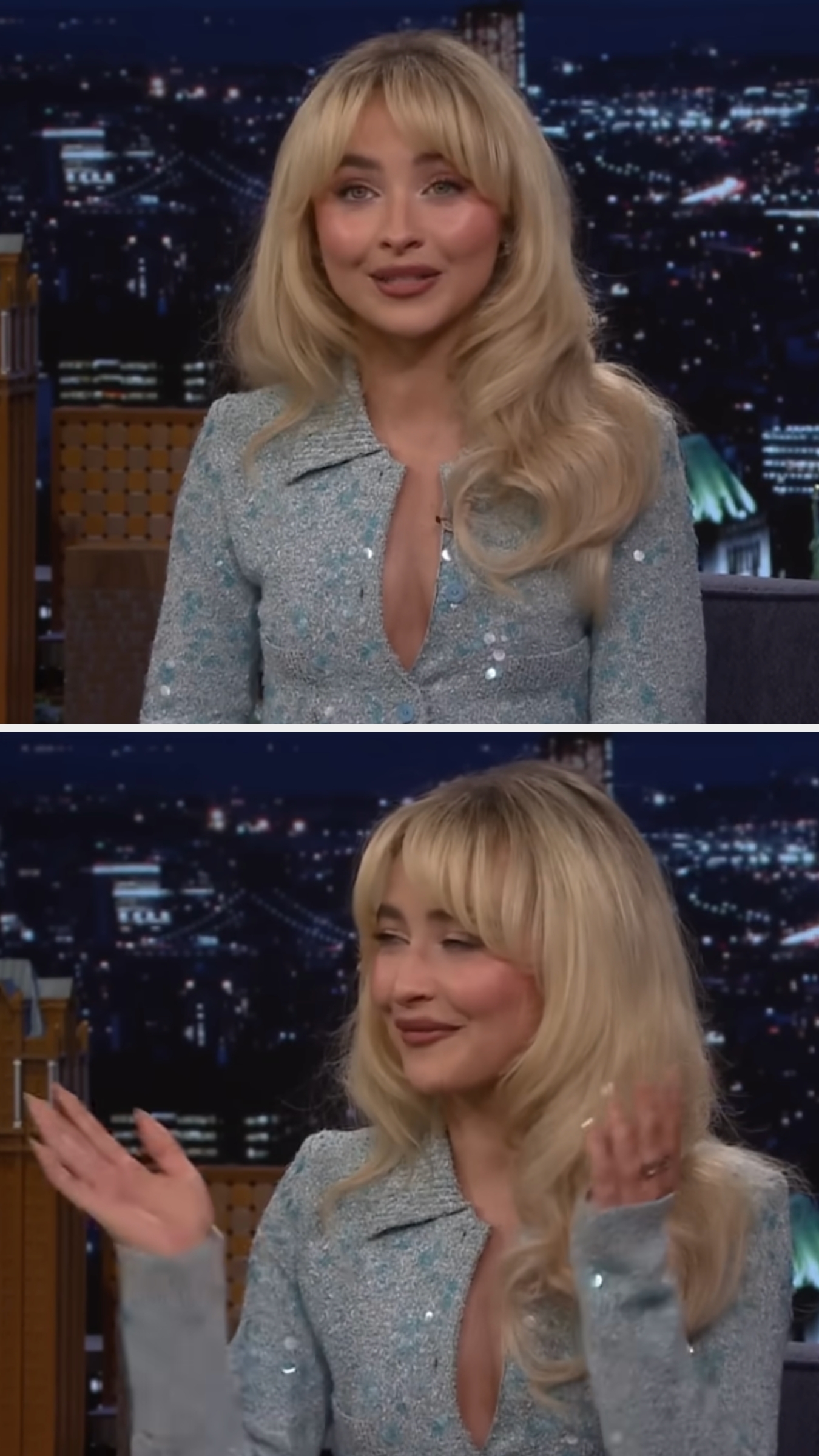 Celebrity in sparkly long-sleeve dress gestures expressively during a TV interview, smiling and engaged