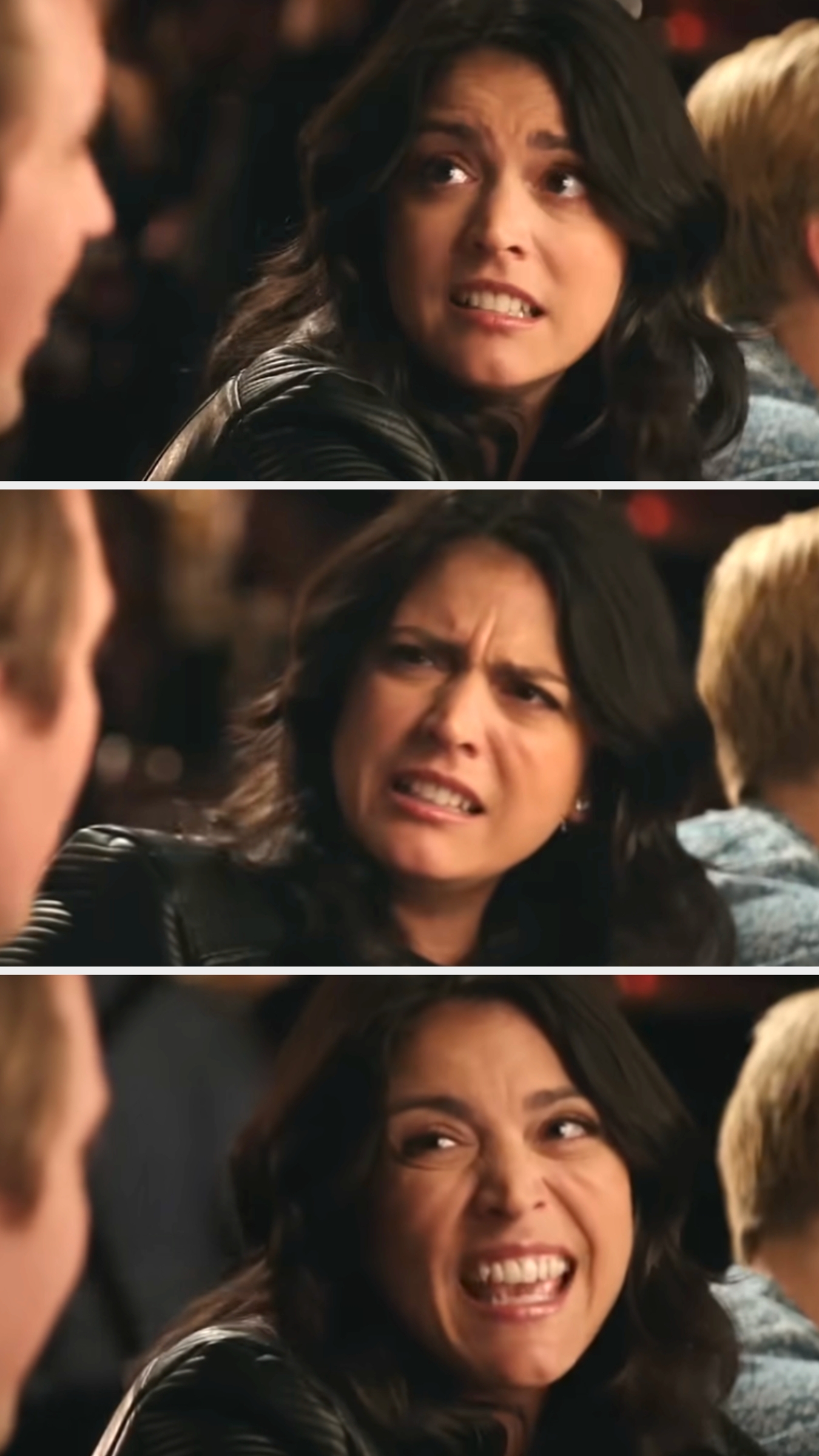 A person in three panels, displaying varied emotions: concerned, skeptical, and amused during a conversation in a social setting