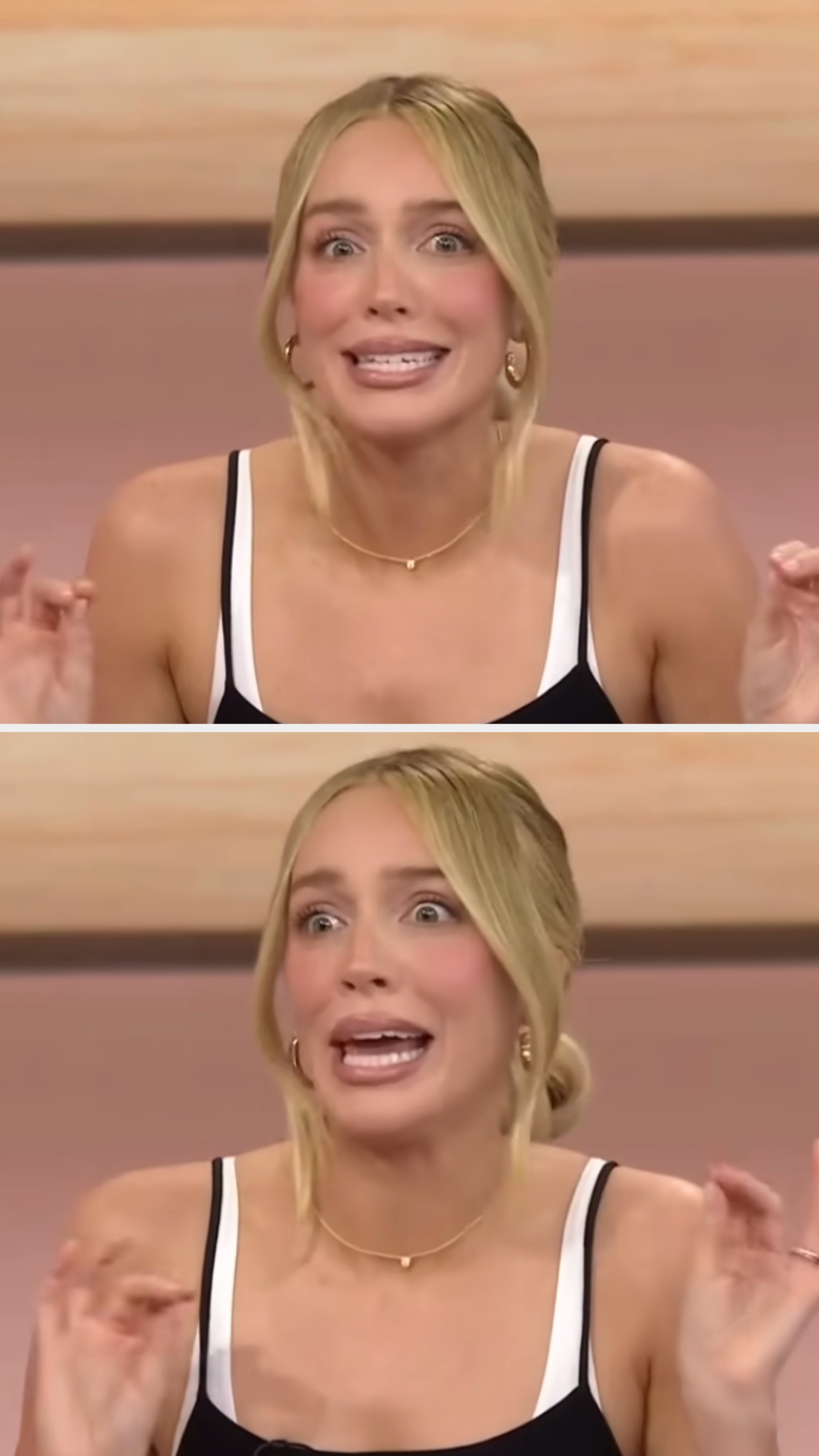 A person with a surprised expression speaks energetically on a talk show