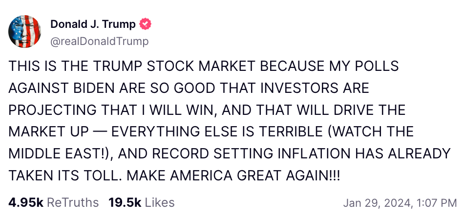 Post by Donald J. Trump claiming stock market success, criticizing Biden, noting inflation, and urging support for his return to improve the U.S