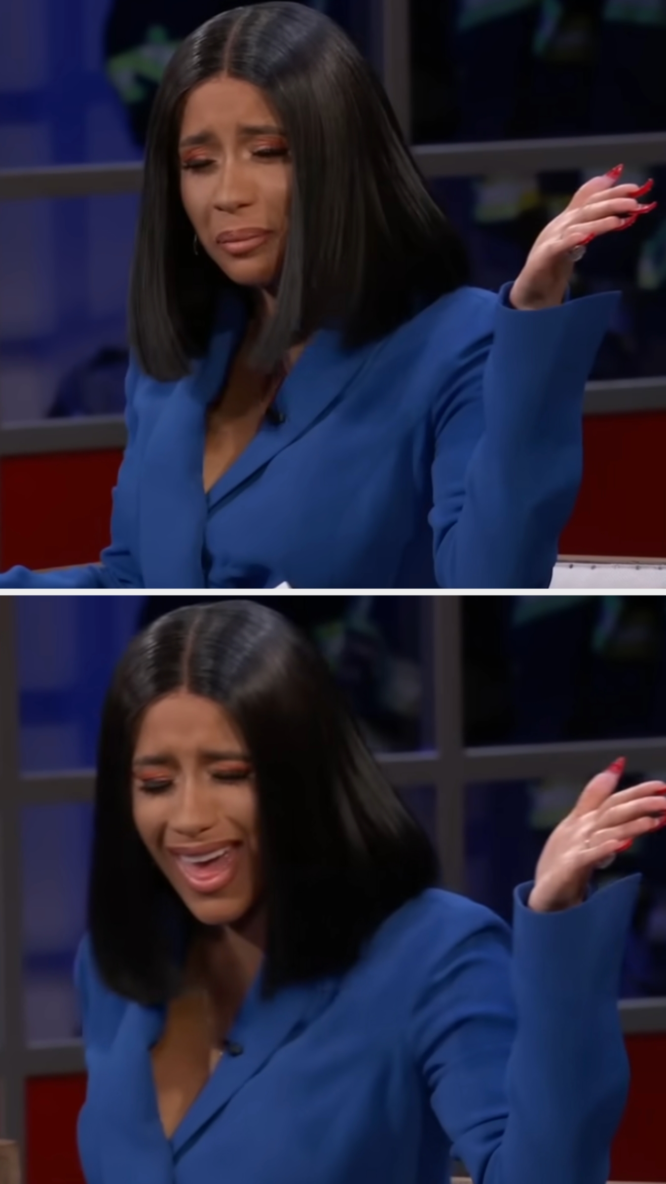Person looks emotional in blazer, expressing displeasure and then amusement with hand gestures, sitting behind a desk in a studio setting