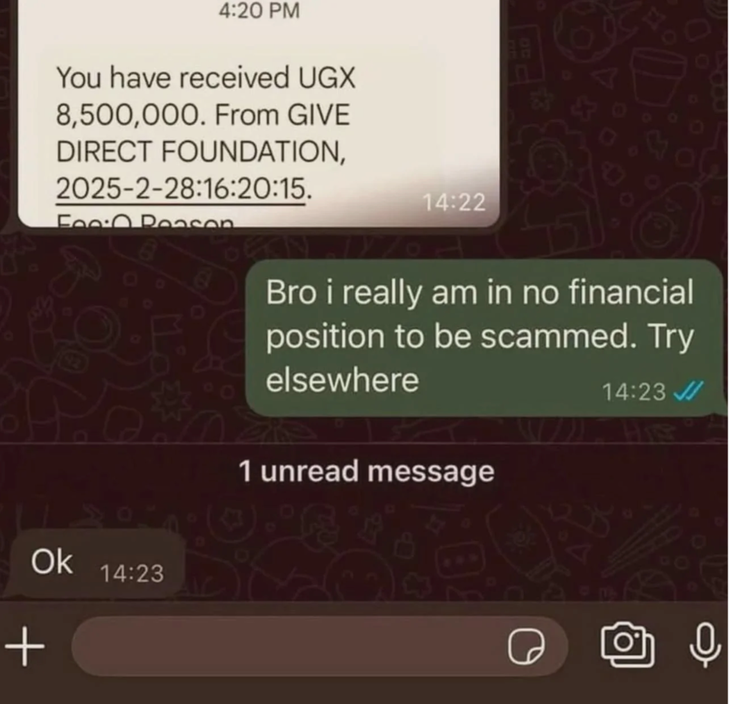 Phone screenshot showing a scam message claiming money received, with a skeptical reply rejecting the offer