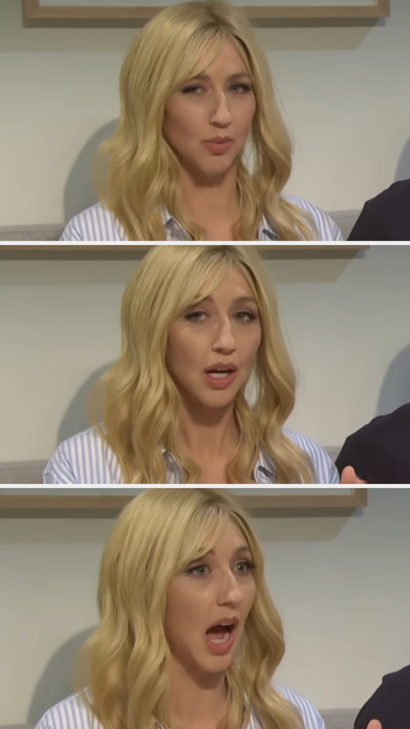 Person with long, wavy hair making expressive faces in three video stills, conveying different emotions