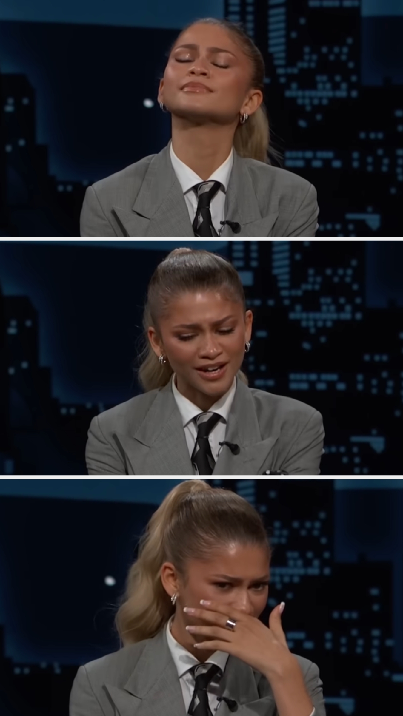 Person in a suit and tie with a ponytail appears emotional during a talk show interview, expressing a range of emotions from smiling to concerned