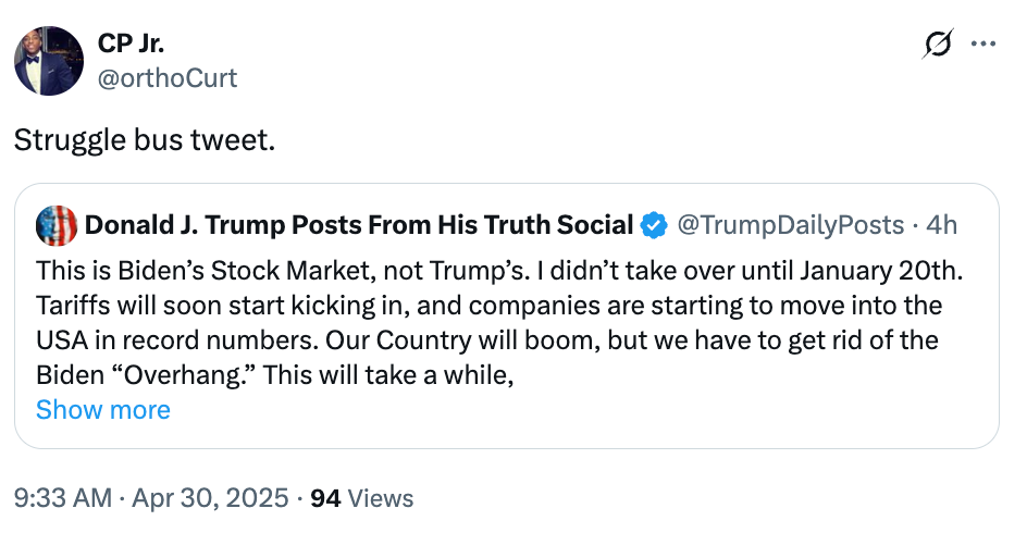 Retweet of a post commenting on stock market impact under Biden, not Trump. Discussion includes tariffs and economic growth concerns