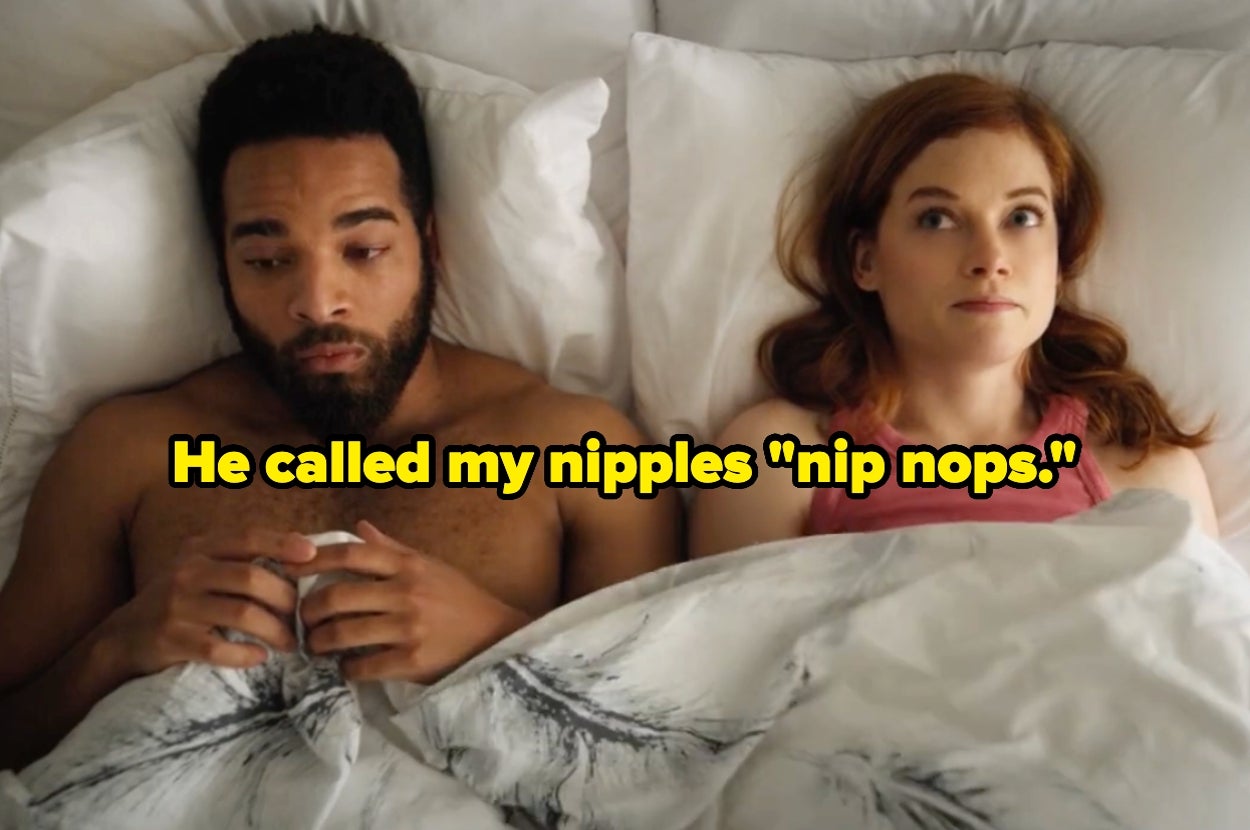 A man and woman lie in bed; she looks surprised. Text on image: "He called my nipples 'nip nops'"