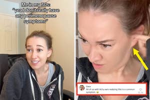 Two images of a woman. Left: sitting, smiling with text about perimenopause symptoms. Right: scratching ear curiously, with a comment below