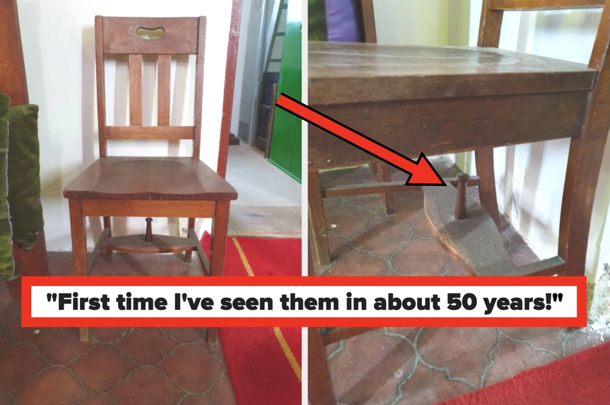 Wooden chair with a secret compartment under the seat, highlighted with an arrow. Text reads, "First time I've seen them in about 50 years!"