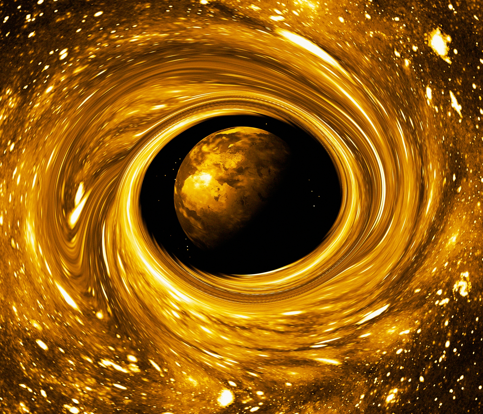 Planet at the center of a swirling golden vortex in space, surrounded by stars and glowing particles