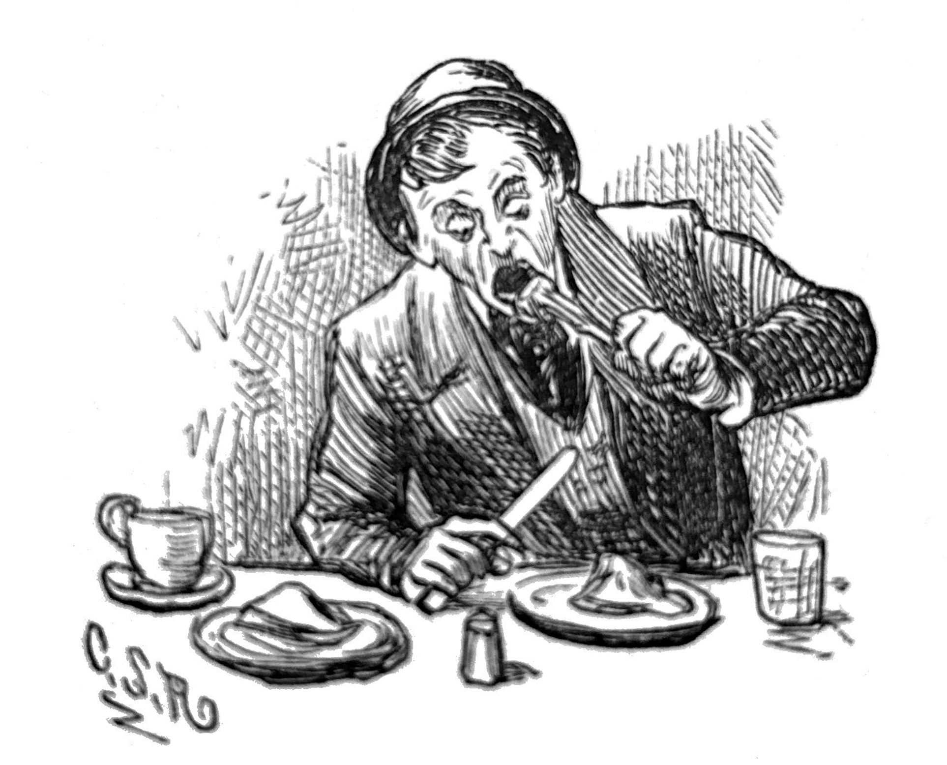 Illustration of a person eating with exaggerated gestures at a table holding a knife, with dishes, a cup, and a glass nearby