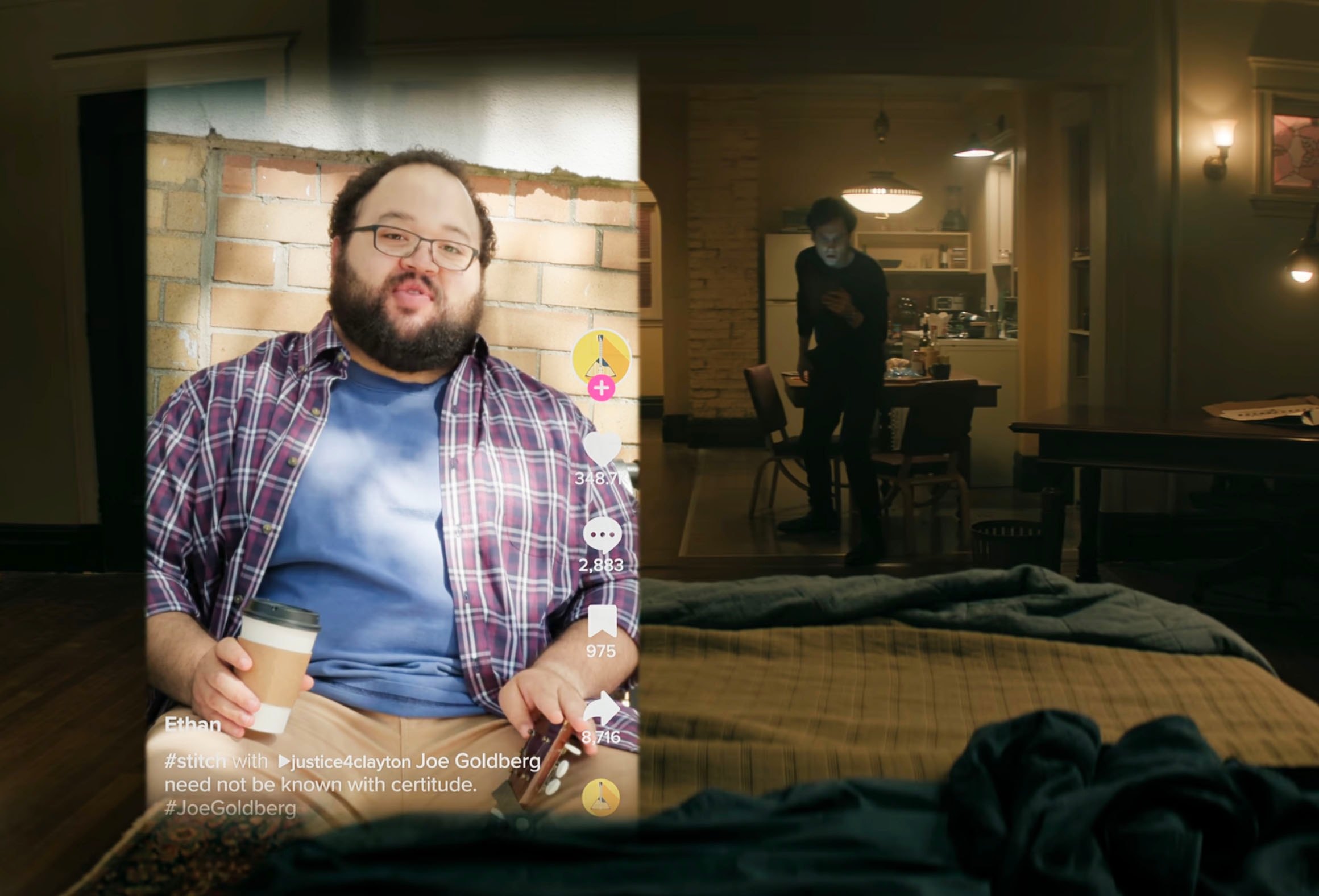 A man holds coffee, seated in a split-screen effect, and another stands in a dimly lit room, referencing a TV thriller scene with suspense