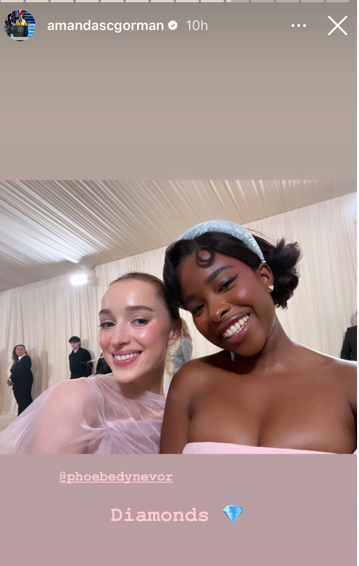 Phoebe and Amanda smiling at the camera, wearing elegant dresses. The image is captioned "Diamonds"