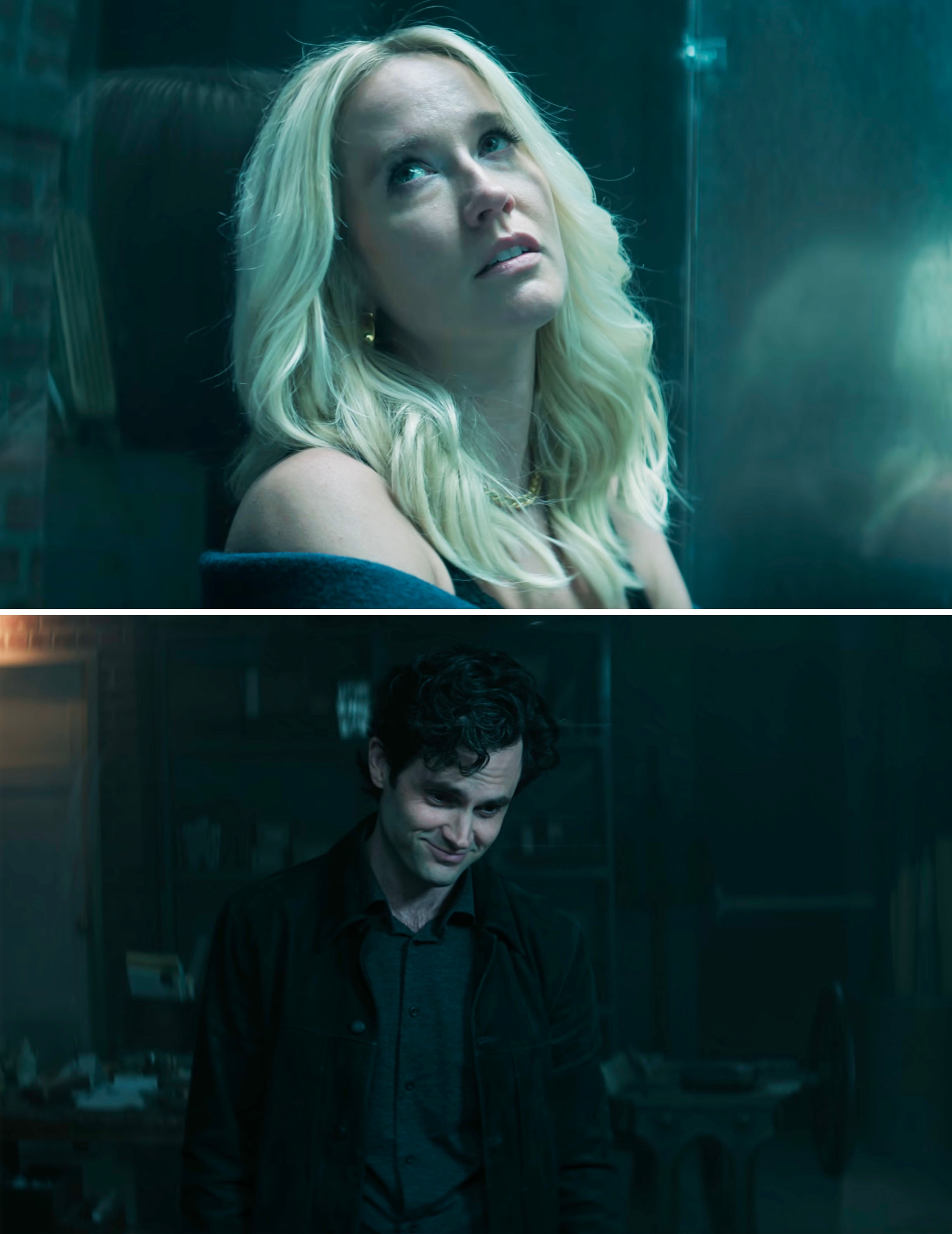 Two TV characters in a tense scene: a woman looks upwards with concern, while a man stands in a dimly lit room, smiling subtly