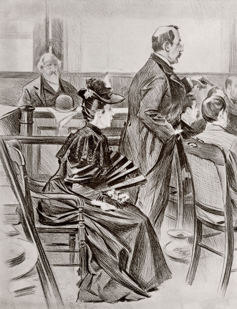 Courtroom scene with a seated woman in period dress holding a fan, a standing man, and a seated man in the background