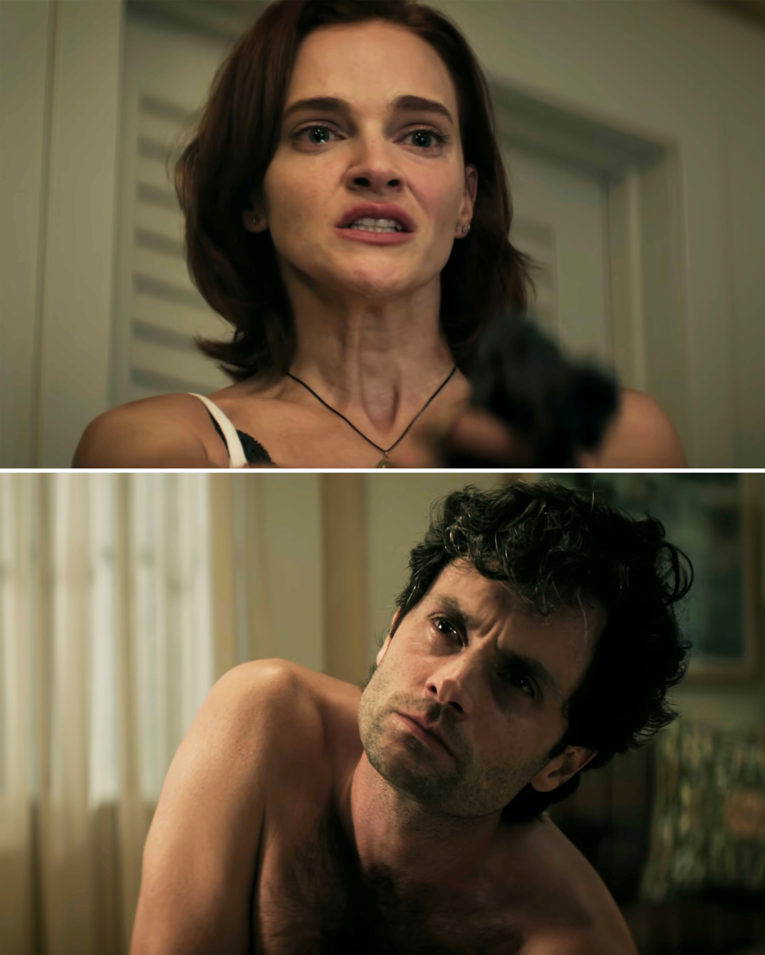 Two intense scenes: A woman holds a gun, looking distressed. Below, a shirtless man with tousled hair appears apprehensive, lying down