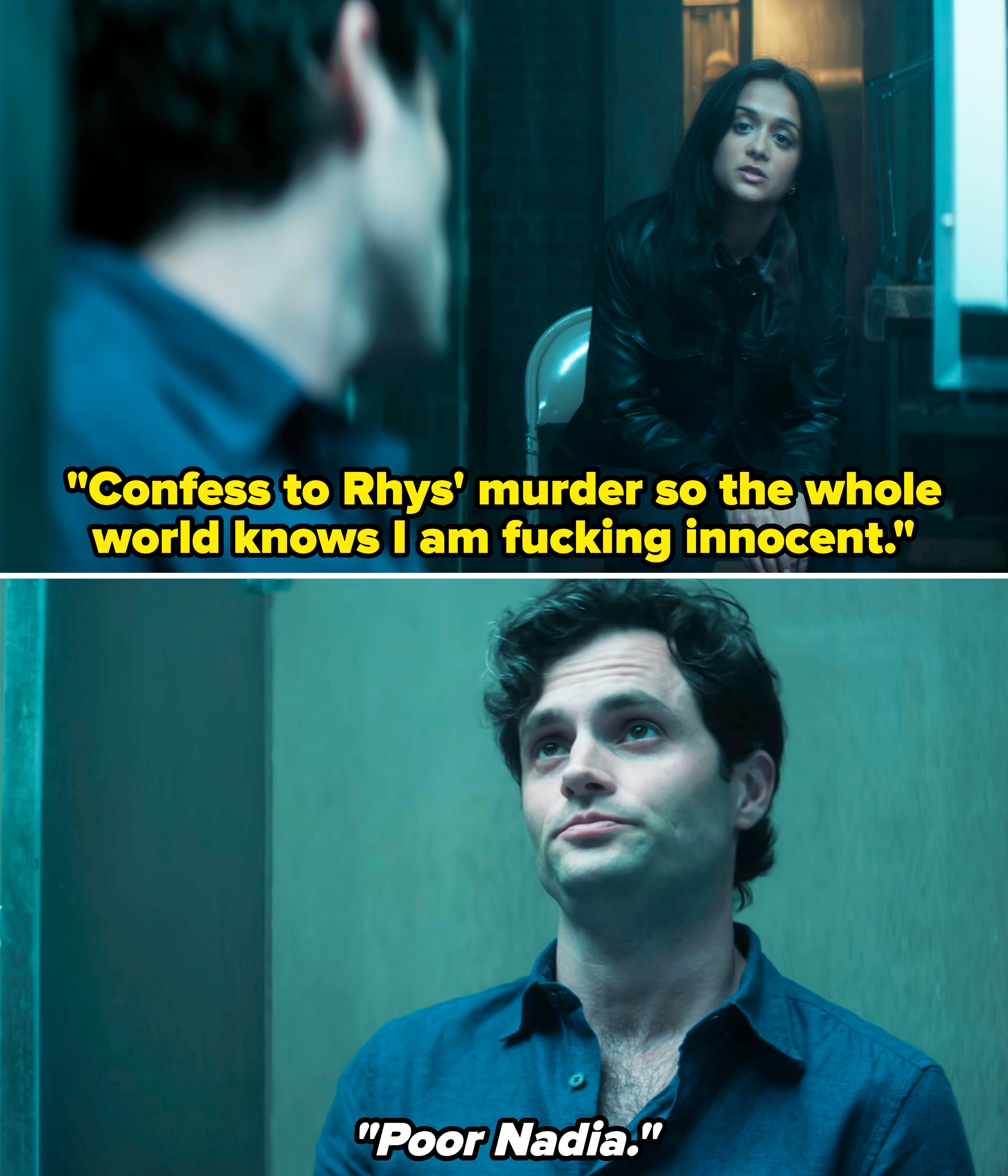 Two people sit in a tense setting, one is in focus seated in a casual shirt, the other blurred in a chair. Scene suggests an intense conversation