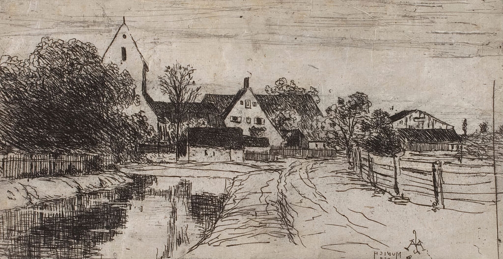 Sketch of a rural village with a church, houses, trees, and a dirt path beside a stream