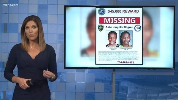 A news anchor stands next to a screen displaying a missing person's flyer for Asha Jaquilla Degree, offering a $45,000 reward