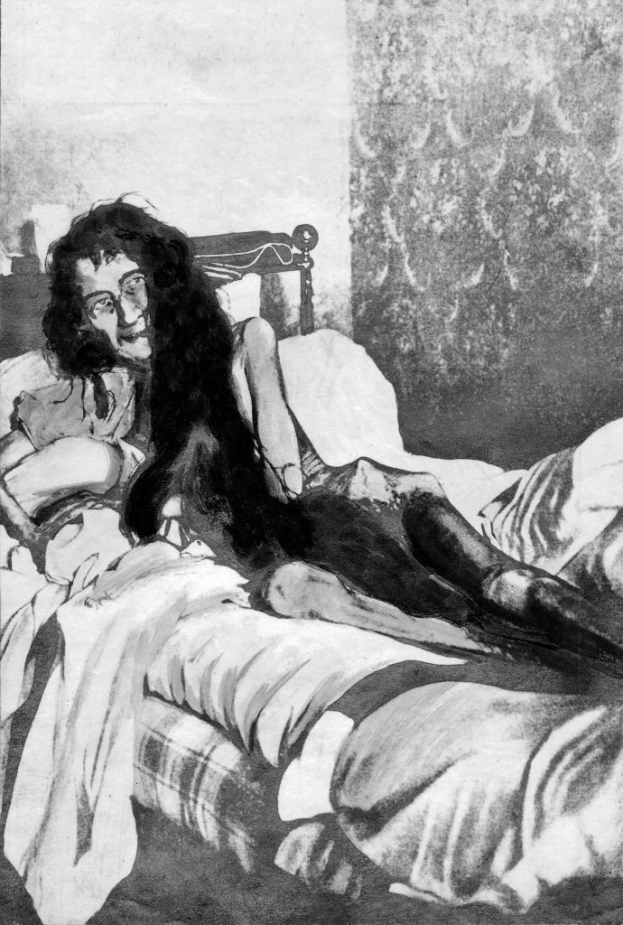 A person with long hair reclines on a bed, appearing relaxed and introspective