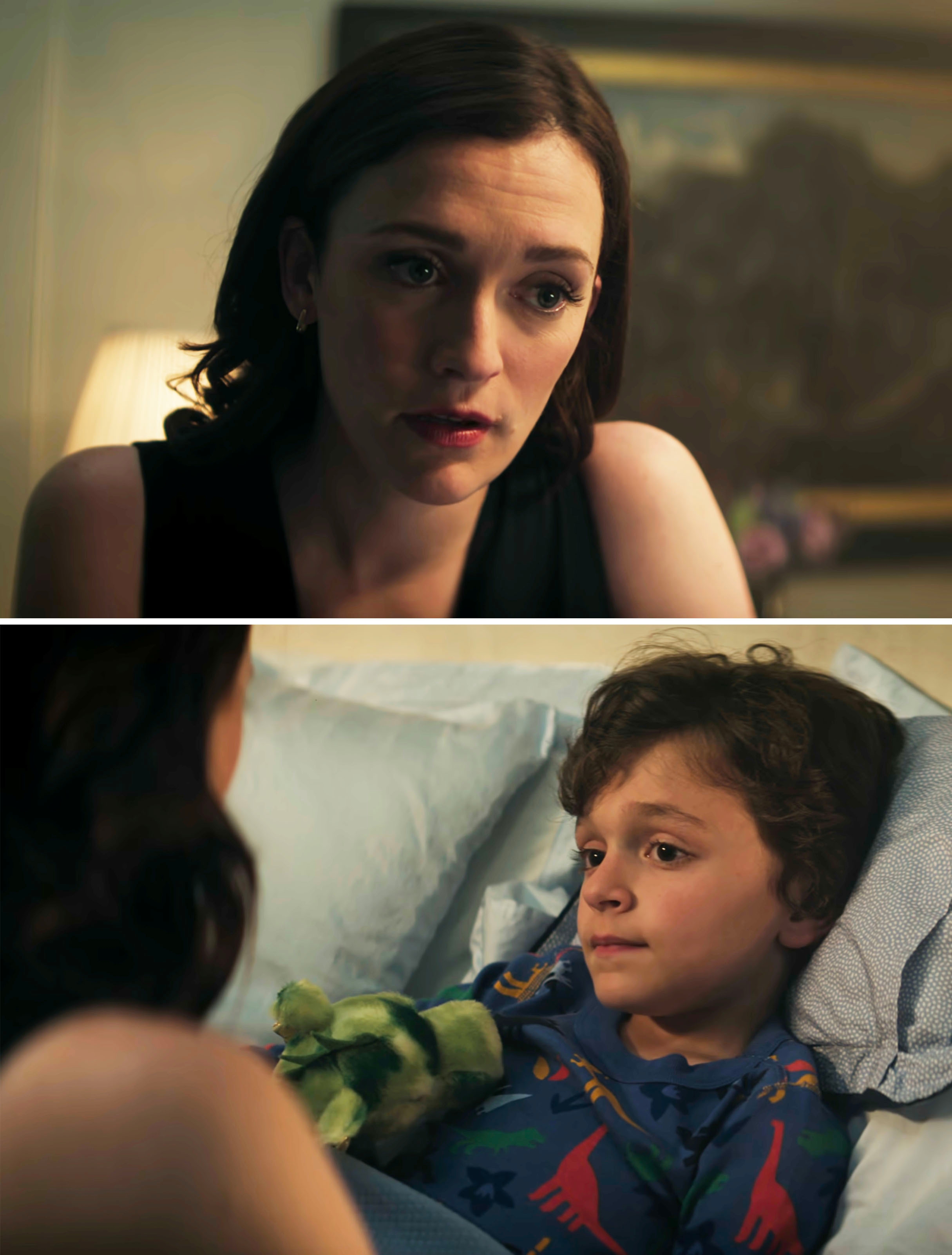 Two scenes from a TV show: A concerned woman talking, then a young boy in bed holding a toy, looking up at her