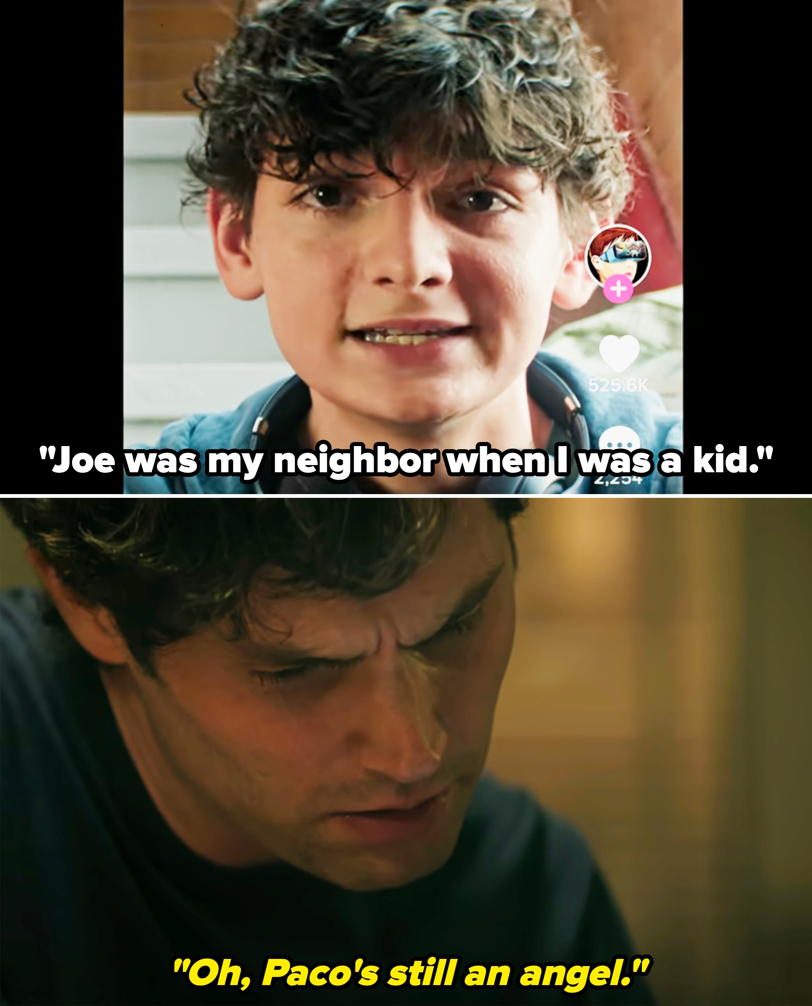 Two stills showing intense scenes from a TV show. The top shows a young man speaking; the bottom shows a man concentrating