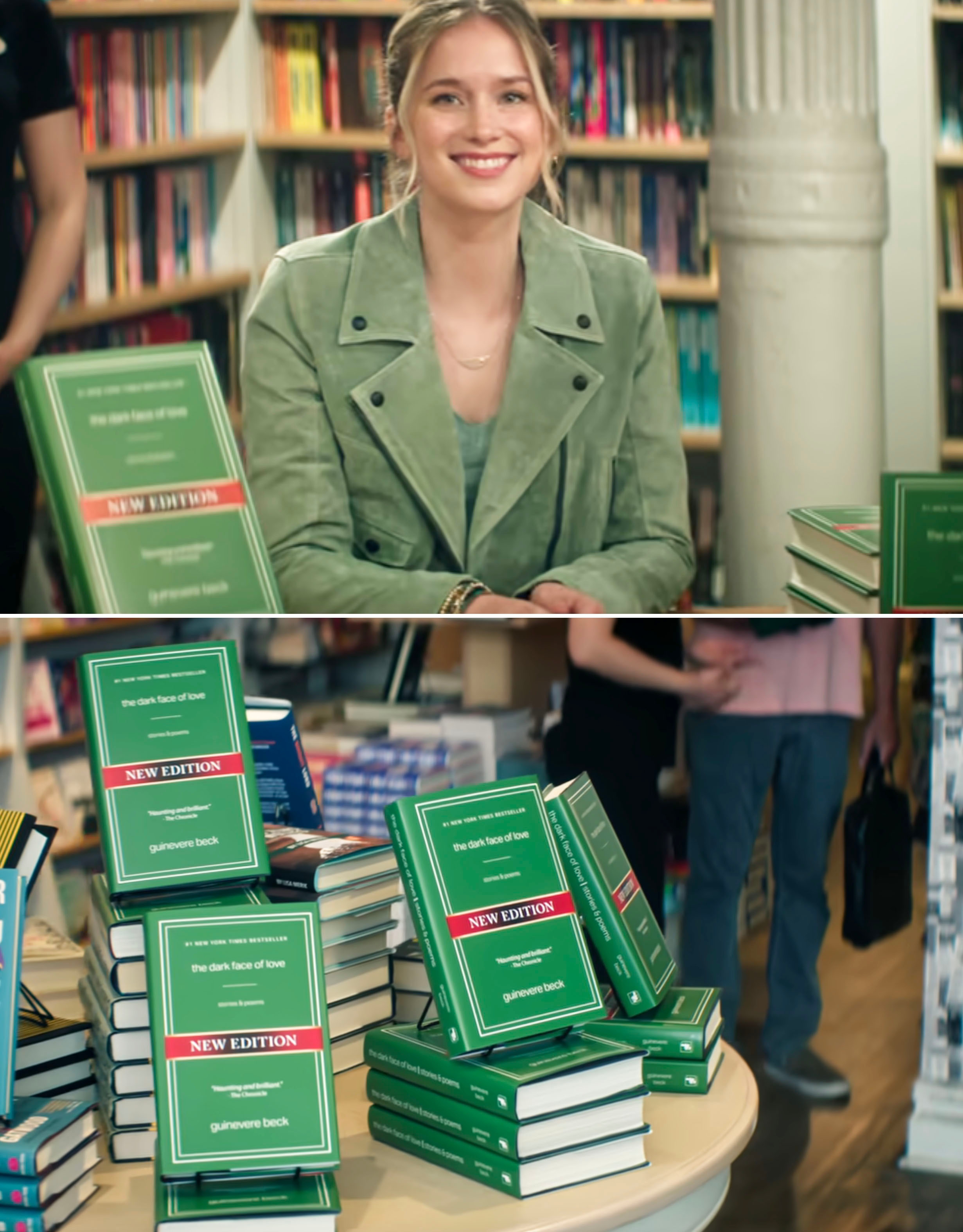 Person smiling at a bookstore with stacks of green books titled &quot;The Dark Side of Love.&quot;