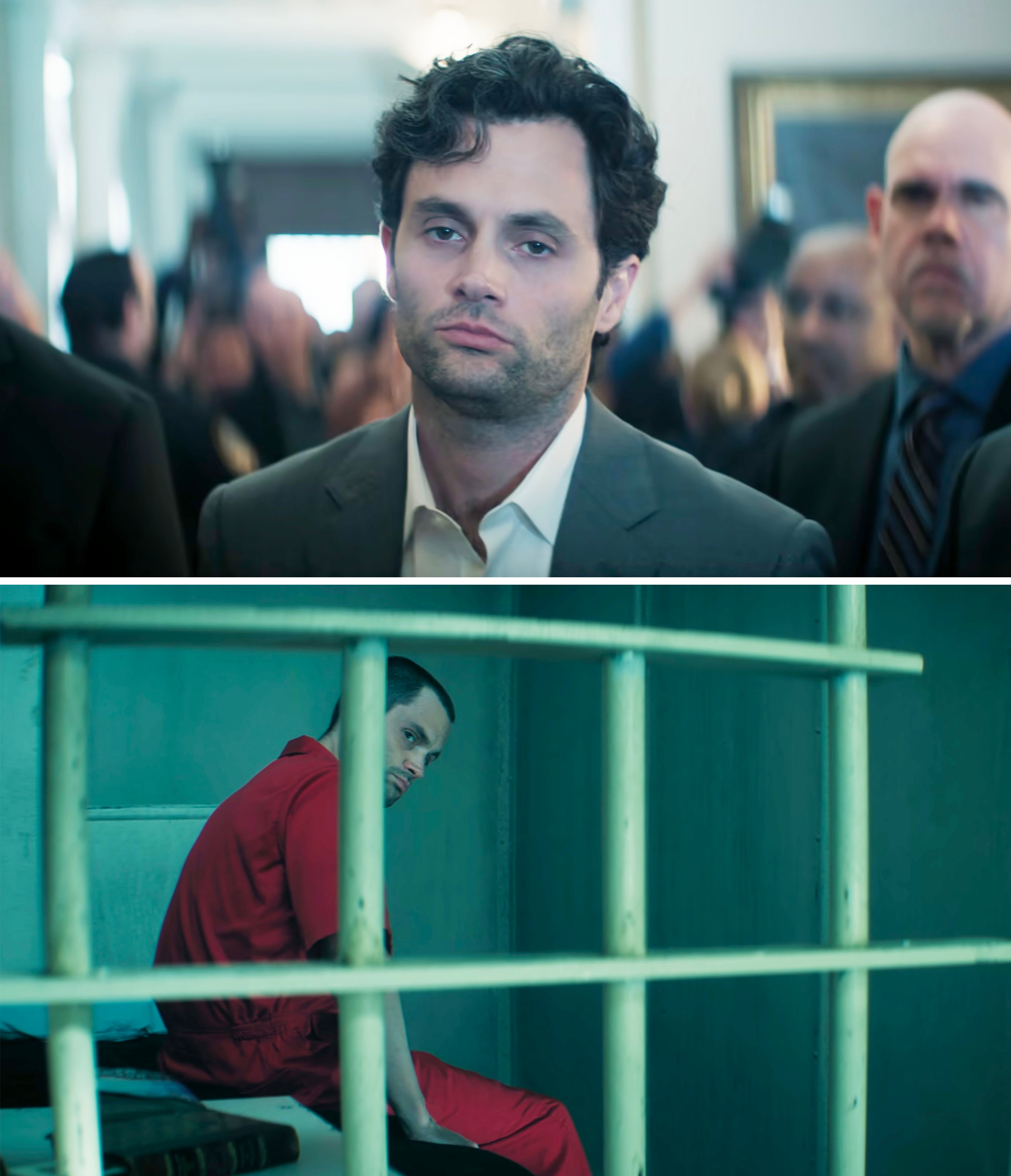 Split image: Top shows a serious man in a suit; bottom shows a person in an orange jumpsuit in a cell