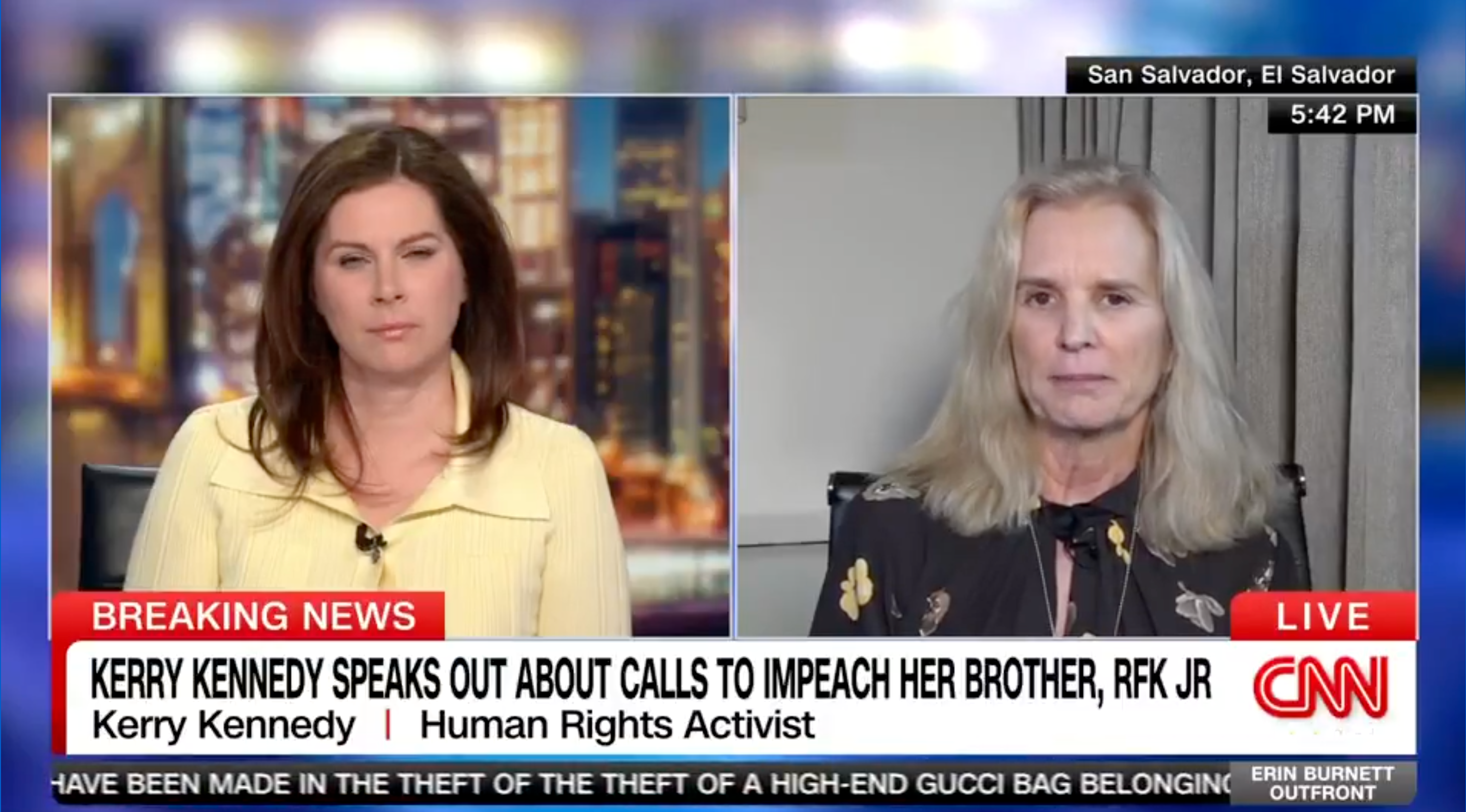 News segment with Kerry Kennedy discussing impeachment calls for her brother, RFK Jr. She is identified as a human rights activist