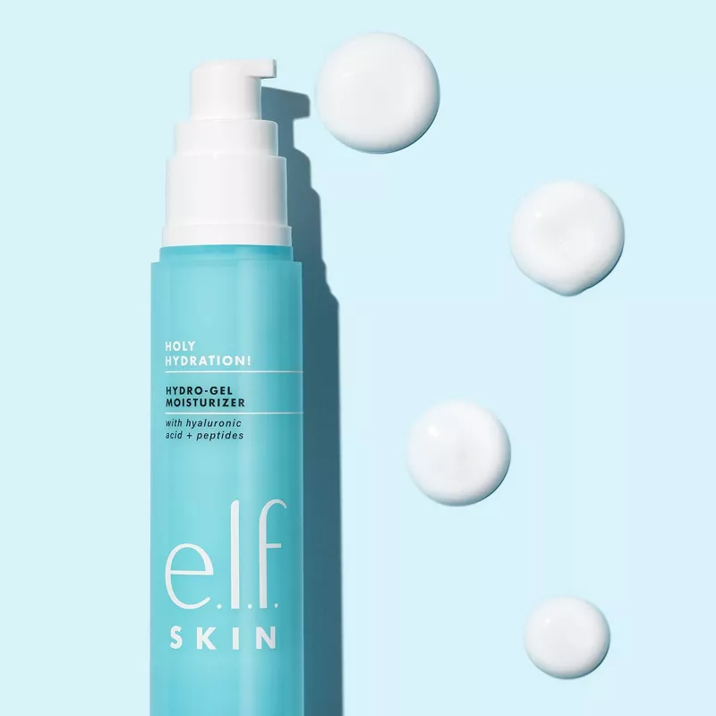 e.l.f. Skin Hydro-Gel Moisturizer with hyaluronic acid and peptides, shown with sample drops on a light background