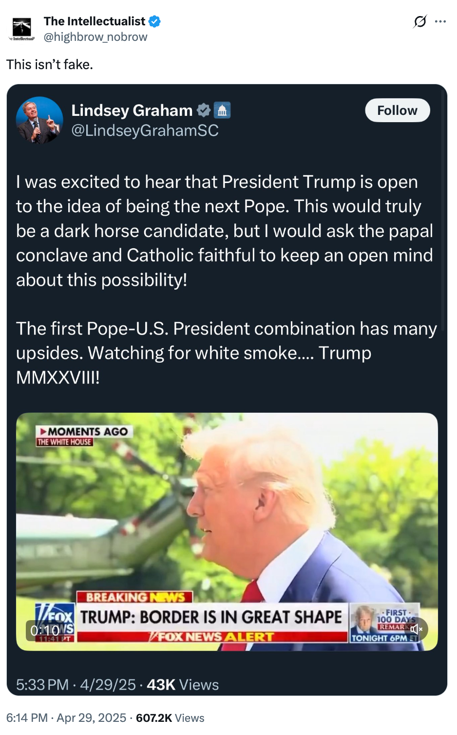 Twitter post with a fake tweet attributed to Lindsey Graham discussing President Trump as a potential next Pope