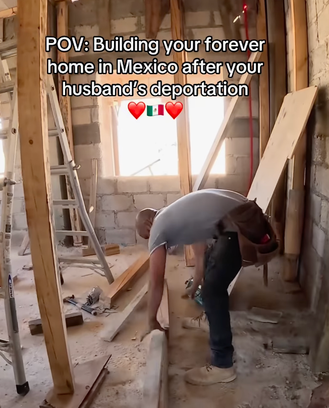 Person working with wood beams inside a partially constructed building. Caption discusses building a home in Mexico post-husband's deportation