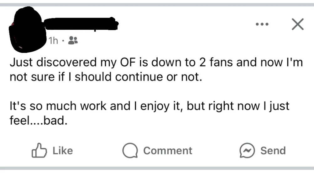 Social media post expressing uncertainty about continuing due to a low number of OnlyFans subscribers, with feelings of being overwhelmed