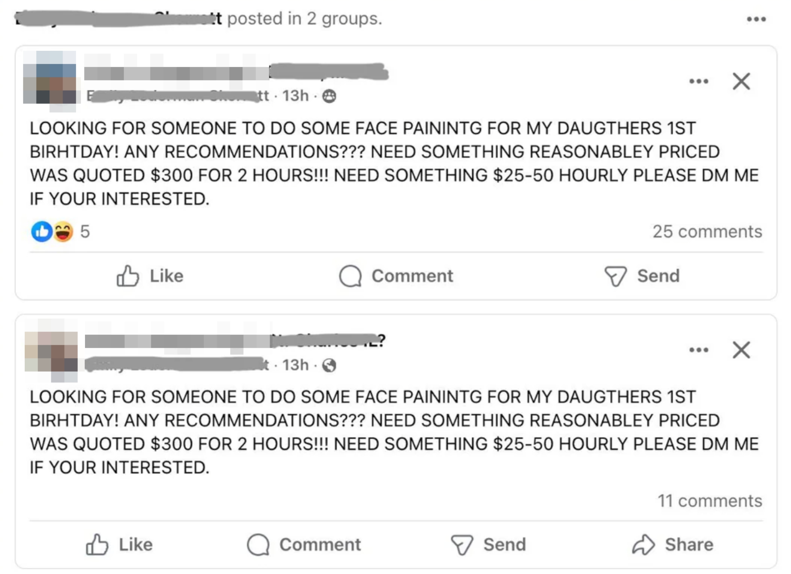 Facebook posts seeking recommendations for a reasonably priced face painter for a first birthday, quoted $300 for 2 hours, seeking $25-50 hourly